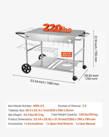 Outdoor Grill Cart with Wheels, 36.4x23.4 Inch Tabletop, Movable BBQ Prep Table for Picnic Kitchen Courtyard