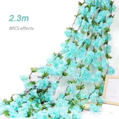 8pcs 1.8M Artificial Cherry Blossom Flower Vines Faux Flowers Outdoors Hanging Silk Flowers Garland for Wedding Party Home Decor
