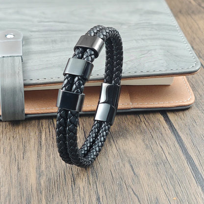 Customized Family Name Double Layer Stainless Steel Leather Bracelet Lock Bangle with Square Charm Men's Punk Jewelry Gifts