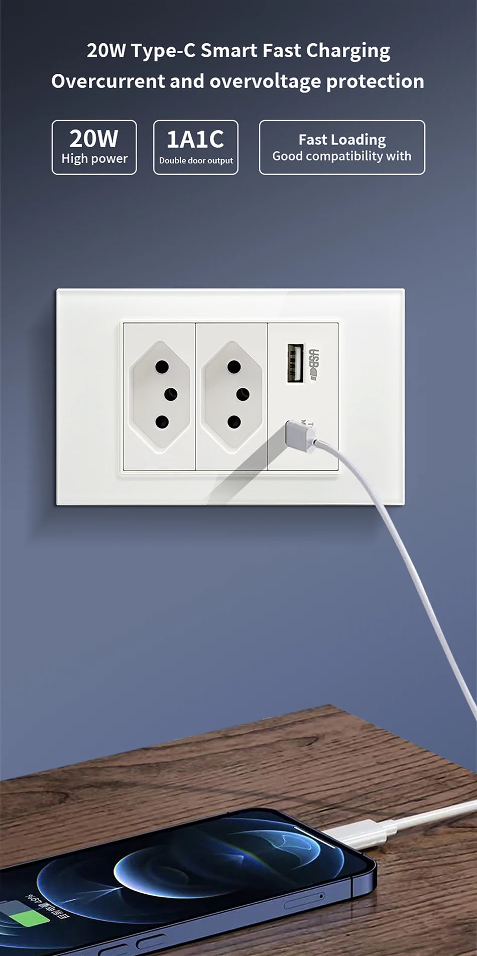 DELEFU 4*2 White Tempered Glass Brazil Standard Outlet with Double USB Type C Wall Power Socket  Switch Tuya Wifi 10A 20A