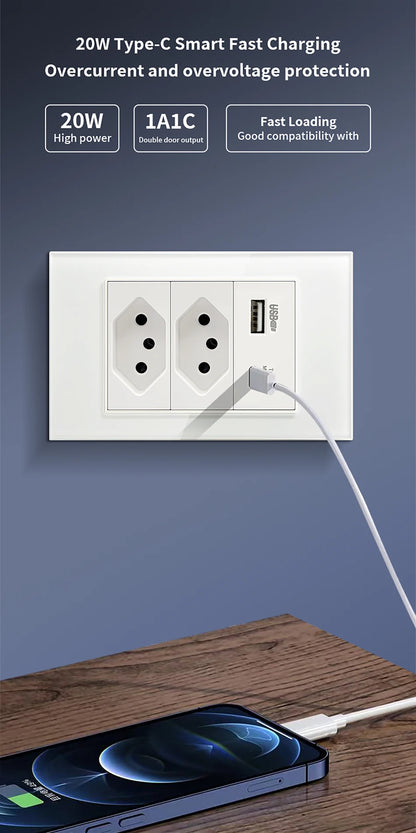 DELEFU 4*2 White Tempered Glass Brazil Standard Outlet with Double USB Type C Wall Power Socket  Switch Tuya Wifi 10A 20A
