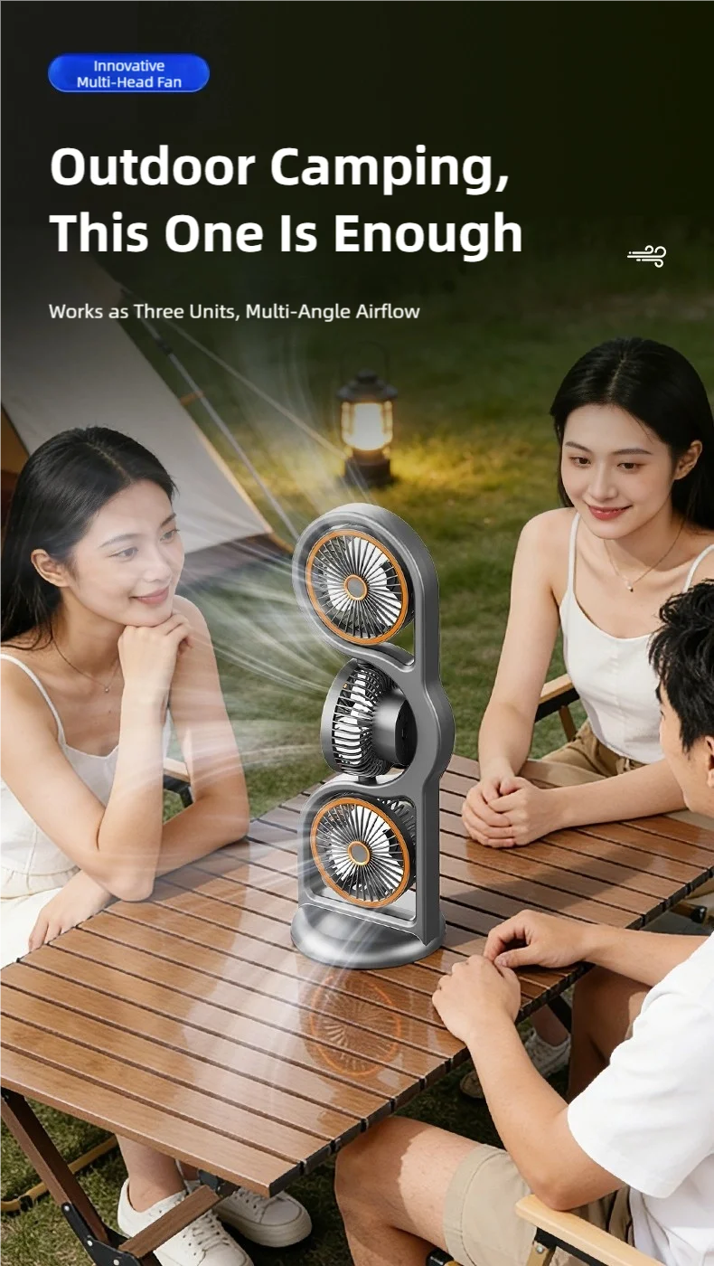TINSOL Portable Three-Head Fan, 360° Wind Direction Adjustment, Five-Speed Wind, Dormitory and Outdoor Desktop Fan