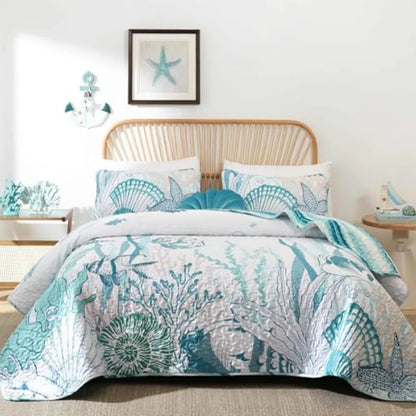 Coastal Quilts Bedding Set Size, Summer Green Fish Coral Nautical Bedding Quilt Set with Pillow Cases, Ocean Beach Reversible B