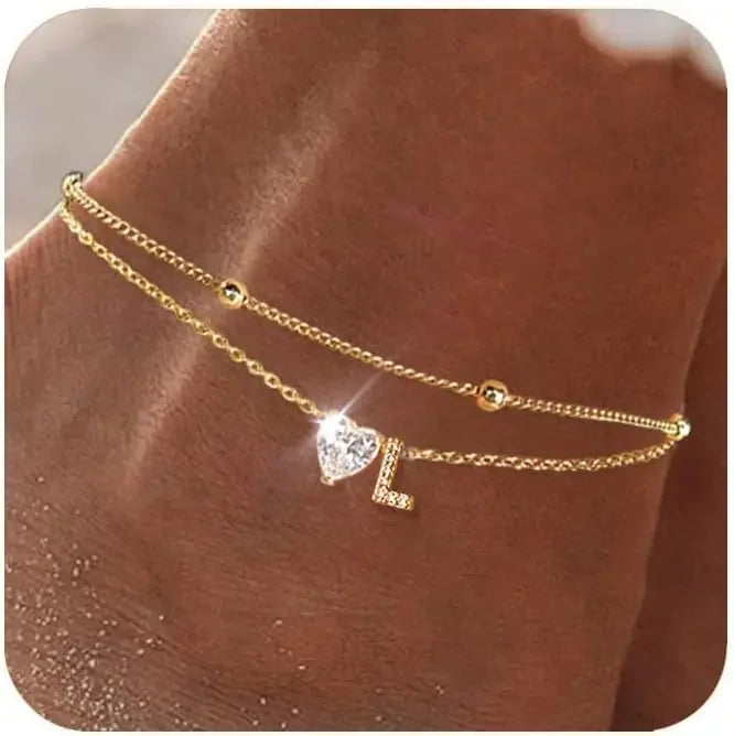 Waterproof cz Ankle Bracelets for Women  14K Gold Plated CZ Initial Dainty Layered Heart Anklets Foot Chain Summer Beach Jewelry