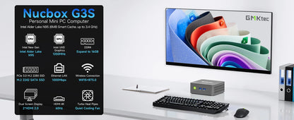 GMKtec G3S Mini PC Intel Alder Lake N95 Windows 11 Pro Mini PC 8GB DDR4 128/256GB PCIe M.2 SSD WiFi 5 BT5.0 Desktop Computer