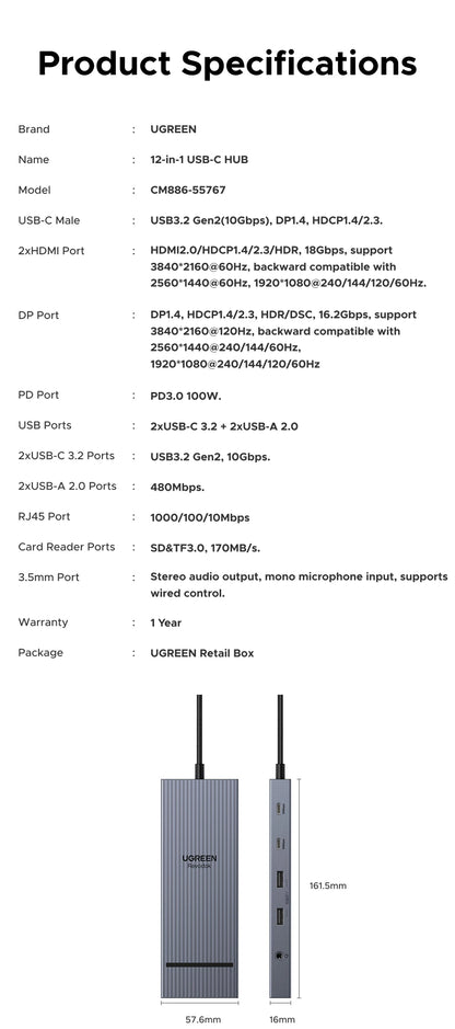 UGREEN 12-in-1 USB HUB Type-C to 2HDMI 4K120Hz DP USB3.2 10Gbps SD/TF RJ45 PD100W for MacBook Dell HP Laptop Accessories Docking