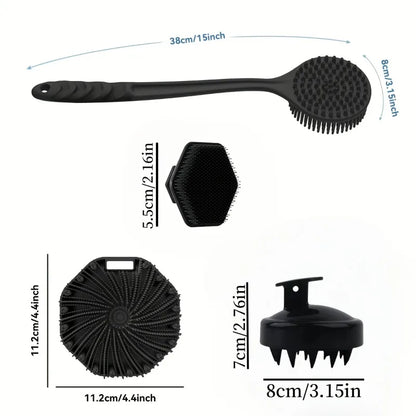 4PCS Long Handle Silicone Bath Brush Set for Body Back Face Gentle Exfoliating Massage Deep Cleaning with Non Slip Grip
