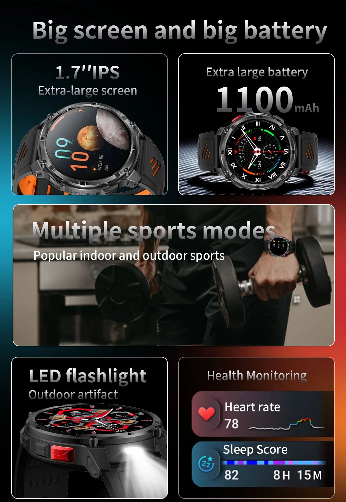 2026 T-Rex3 Ultra 1100mAh Battery 170+Sport Fitness LED Flashlight IP68 Waterproof Bluetooth call GPS track Smartwatch Compass