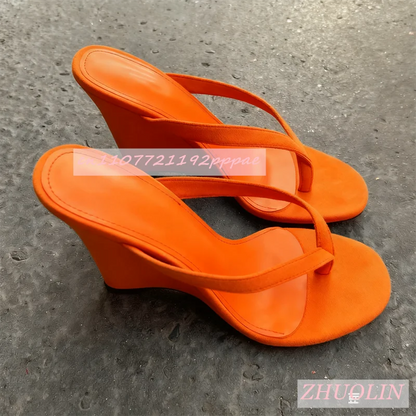 Rose Red Suede Thong Mules Summer Open Toe Shallow Wedge Sandals Elegant Outdoor Women'S Slip-On Slippers Big Size Gladiator 46