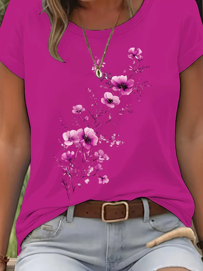 Purple Floral Branch Women's Tee - Delicate Watercolor Flower Graphic, Casual Light Purple Top