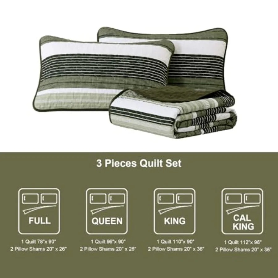 King Size Quilt Set Sage Green Striped 3 Piece Summer Patchwork Bedspreads Coverlet Soft Lightweight Bedding Set with 2 Pillow