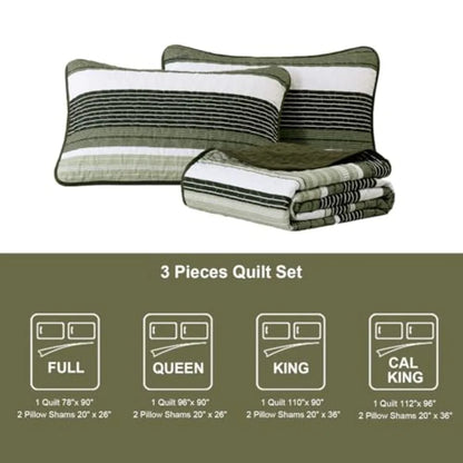 King Size Quilt Set Sage Green Striped 3 Piece Summer Patchwork Bedspreads Coverlet Soft Lightweight Bedding Set with 2 Pillow