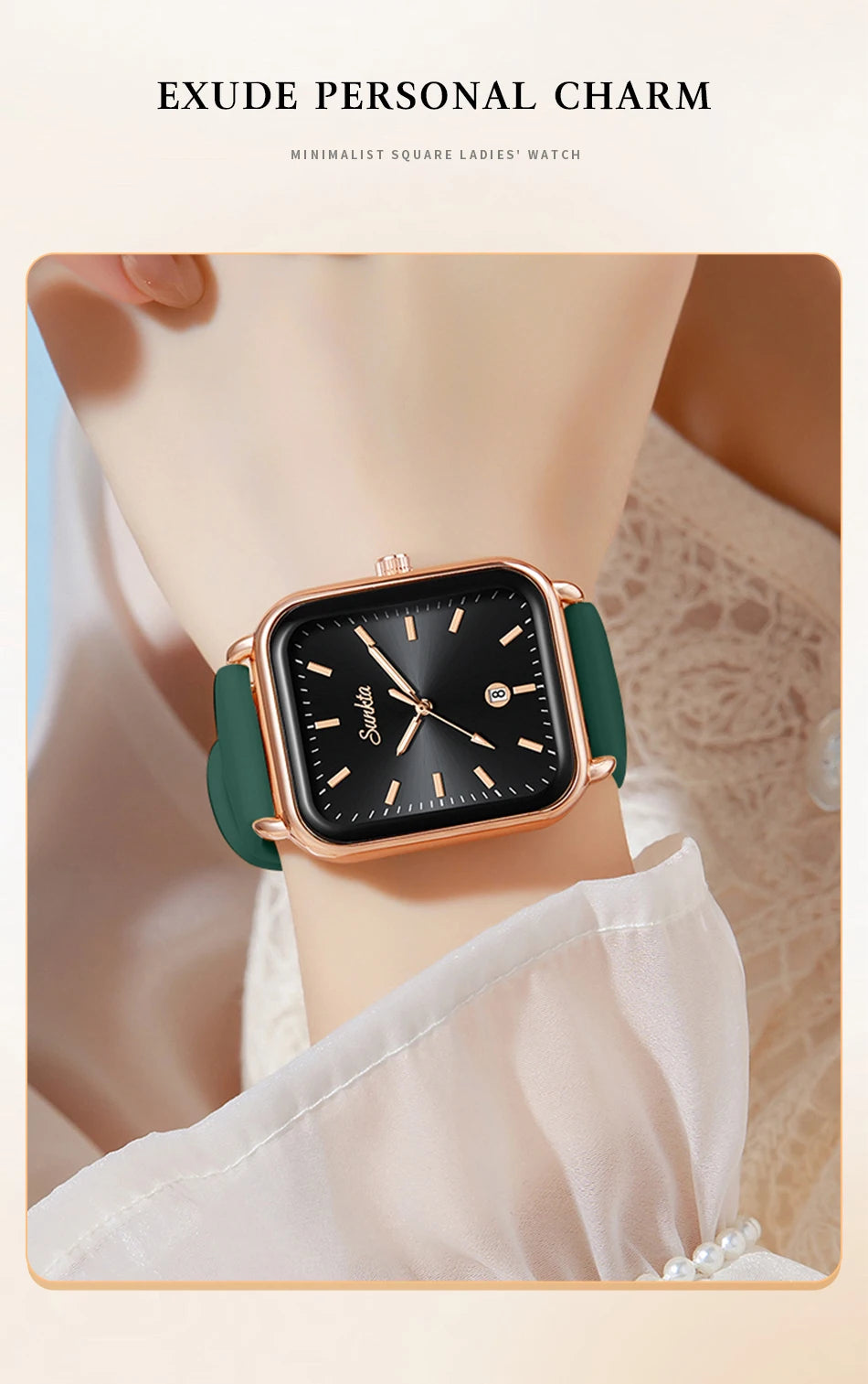 Sunkta Fashion Elegant Woman Watch Square Luxury Retro Silicone Belt Auto Date Casual Waterproof Luminous Quartz Watches for Men