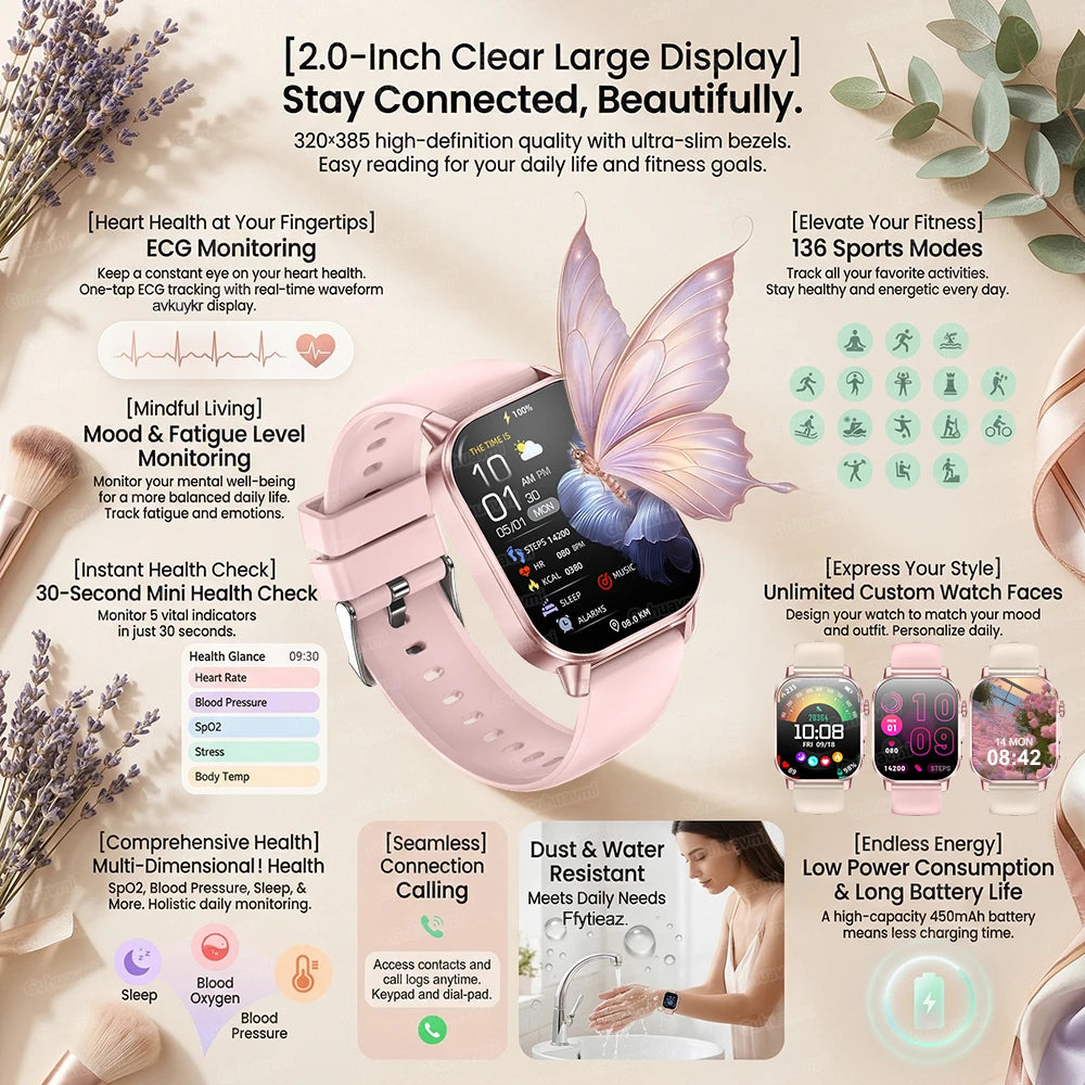 New Professional Health Watch Blood Pressure 2.01"AMOLED Screen Uric Acid Blood Lipids Flashlight Care Smart Watches for Women