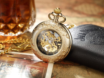 Vintage Skeleton Mechanical Pocket Watch Engraved Floral Design Hand Wind Fob Watch With Chain For Men Women Luxury Antique Gift