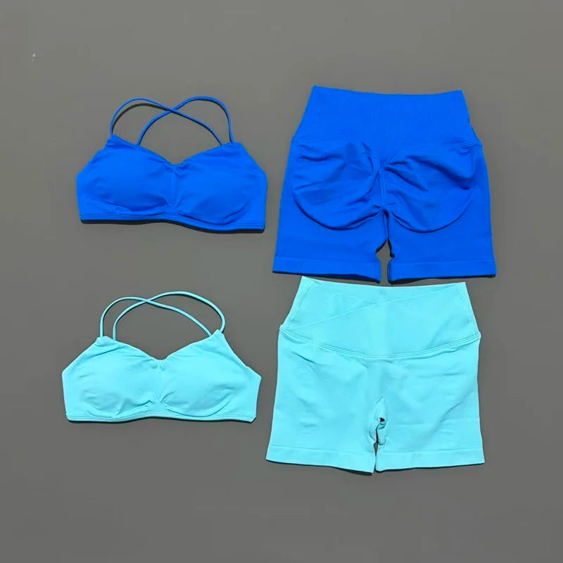 2Pcs HISTELLO Vision Sports Set Strappy Seamless Bra Scrunch Butt Lifting Stretch Breathable Gym Fitness Pilates Workout Sets