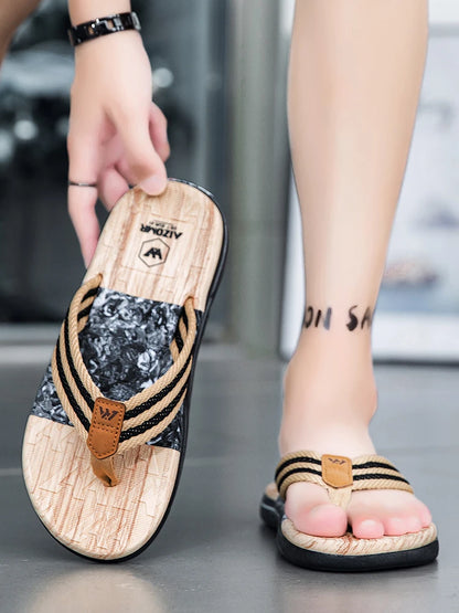 Japanese wood grain flip flops for men in summer wear anti-slip trend printed soft bottom clip foot stroke beach sand sand