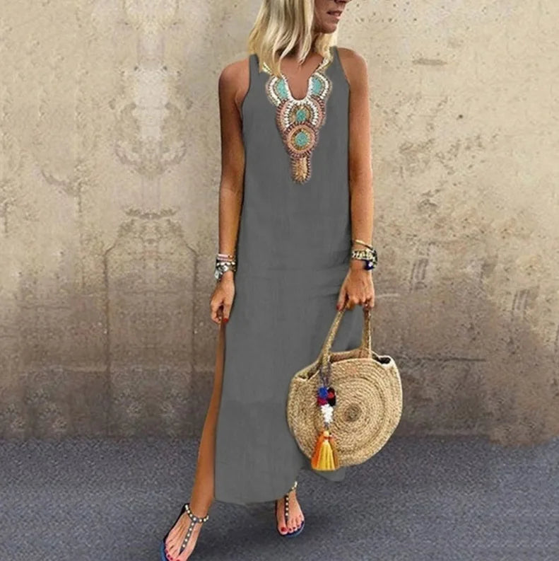 Women's Sleeveless Deep V-Neck Side Split Dress, Bohemian Sexy Dress, Casual, New
