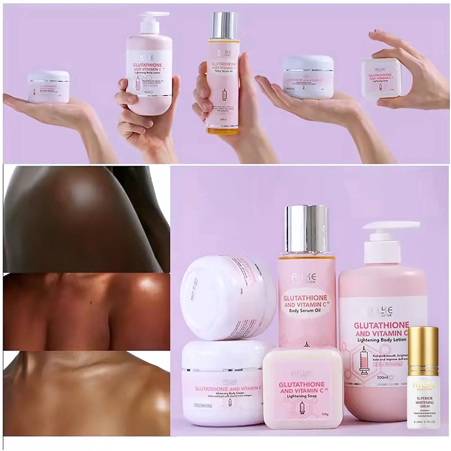 AILKE Brightening Skin Care Set, With Vitamin C, Glutathione, Reduce Spots, Moisturizing, Smooth Soft Skin, Improve Skin Radiant