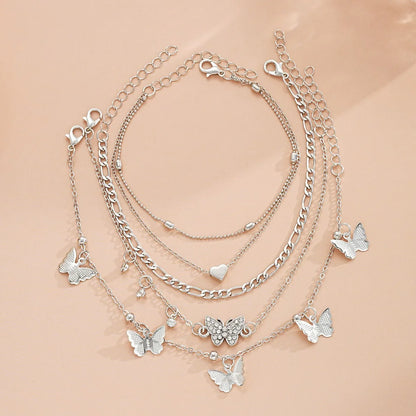 Elegant Butterfly Heart-shaped Pendant Ankle Chain Inlaid Shiny Rhinestones Summer Vacations Beach Party Women's Foot Jewelry