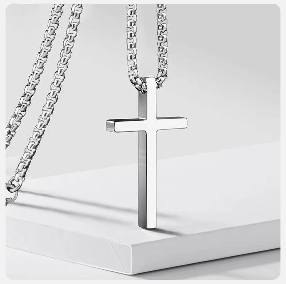 Vnox Cross Necklace for Men Women, Silver Color Plain Alloy Metal Cross Pendant Collar with Stainless Steel Box Chain