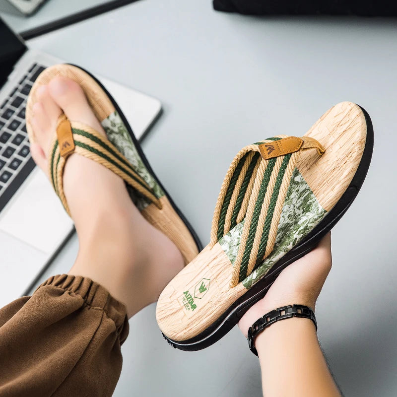 Japanese wood grain flip flops for men in summer wear anti-slip trend printed soft bottom clip foot stroke beach sand sand