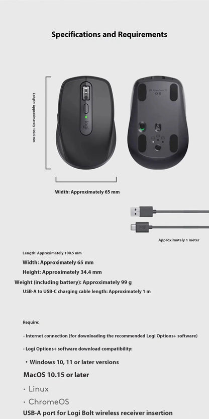 Logitech MX Anywhere 3S Mouse, Wireless, 8000 DPI, MagSpeed Scroll, Silent, 10m, USB-C Charge, Laptop