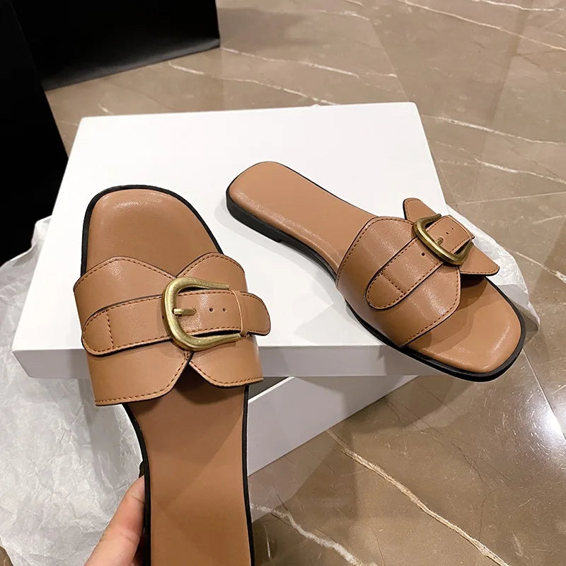 Summer Fashion Women's Slippers Leather Square Toe Women's Flats Flip-flops Sliding Sandals Women's Luxury Sandals