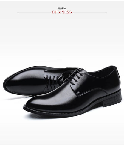 Mens Breathable Leather Dress Shoes Formal Business Footwear Pointed Toe Lace Up Flat Sole Groom Wedding Shoes Simple Leisure