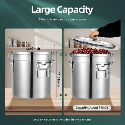 Airtight Food Storage Container 33L Large Capacity, 304 Stainless Steel Bucket with Locking Lid for Rice, Flour, Cereals
