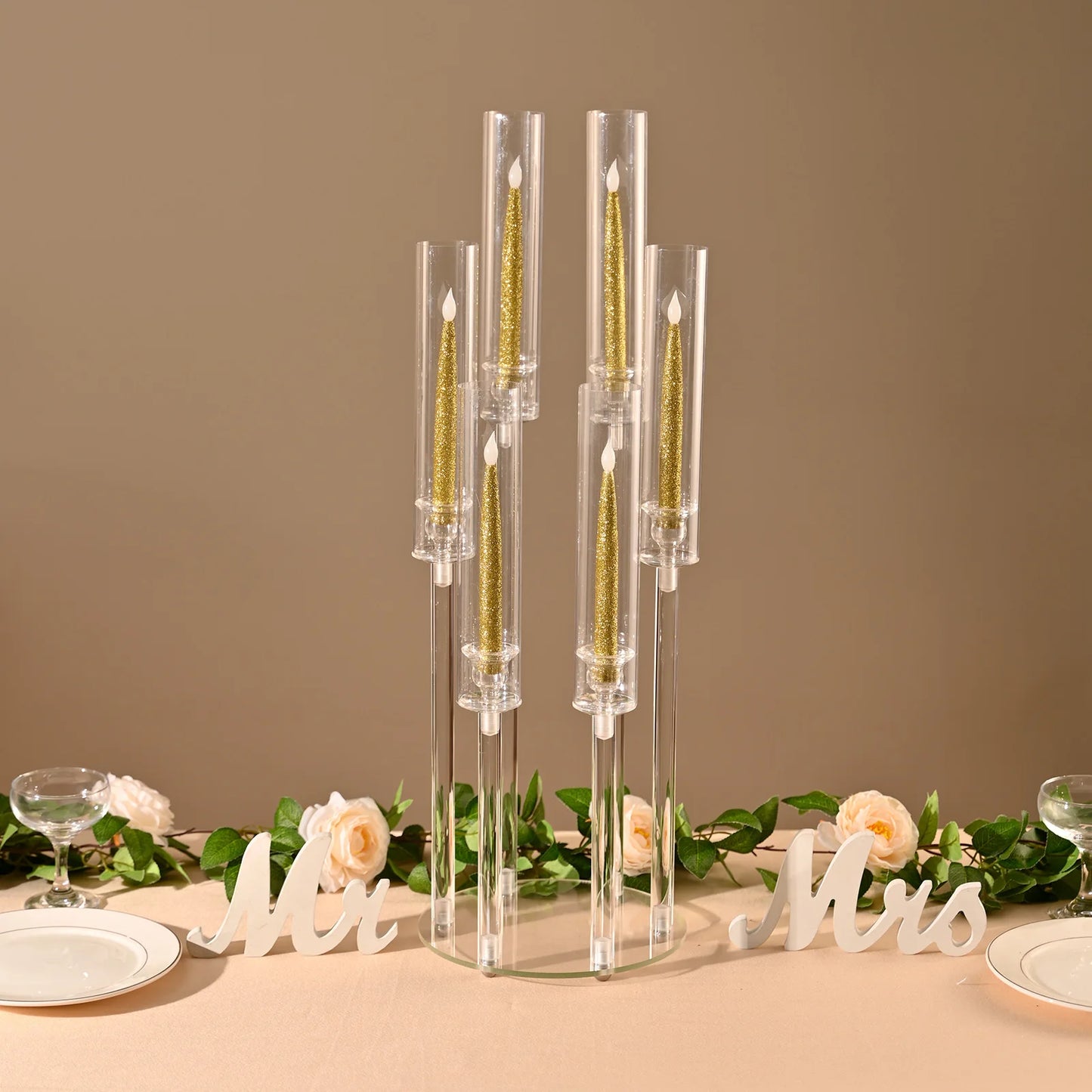 10Pcs Clear 6 Arm Candelabra Taper Candle Holder For Wedding Party Dining Table Banquet Event Decor
