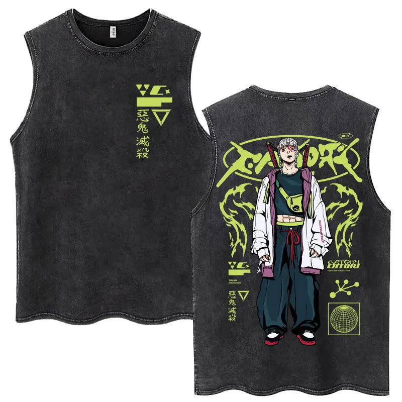 Washed Anime Demon Slayer Hashibira Inosuke Mask Face Tank Tops Men Women Vintage Fashion Cotton Sleeveless T Shirts Streetwear