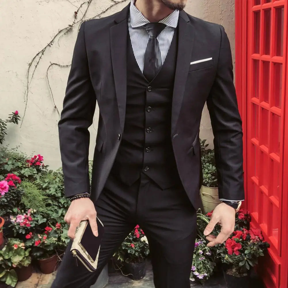 Men Three piece Suit Formal Business Suit Pants Set Solid Color Slim Fit Turn down Collar Anti wrinkle Groom Wedding Suit