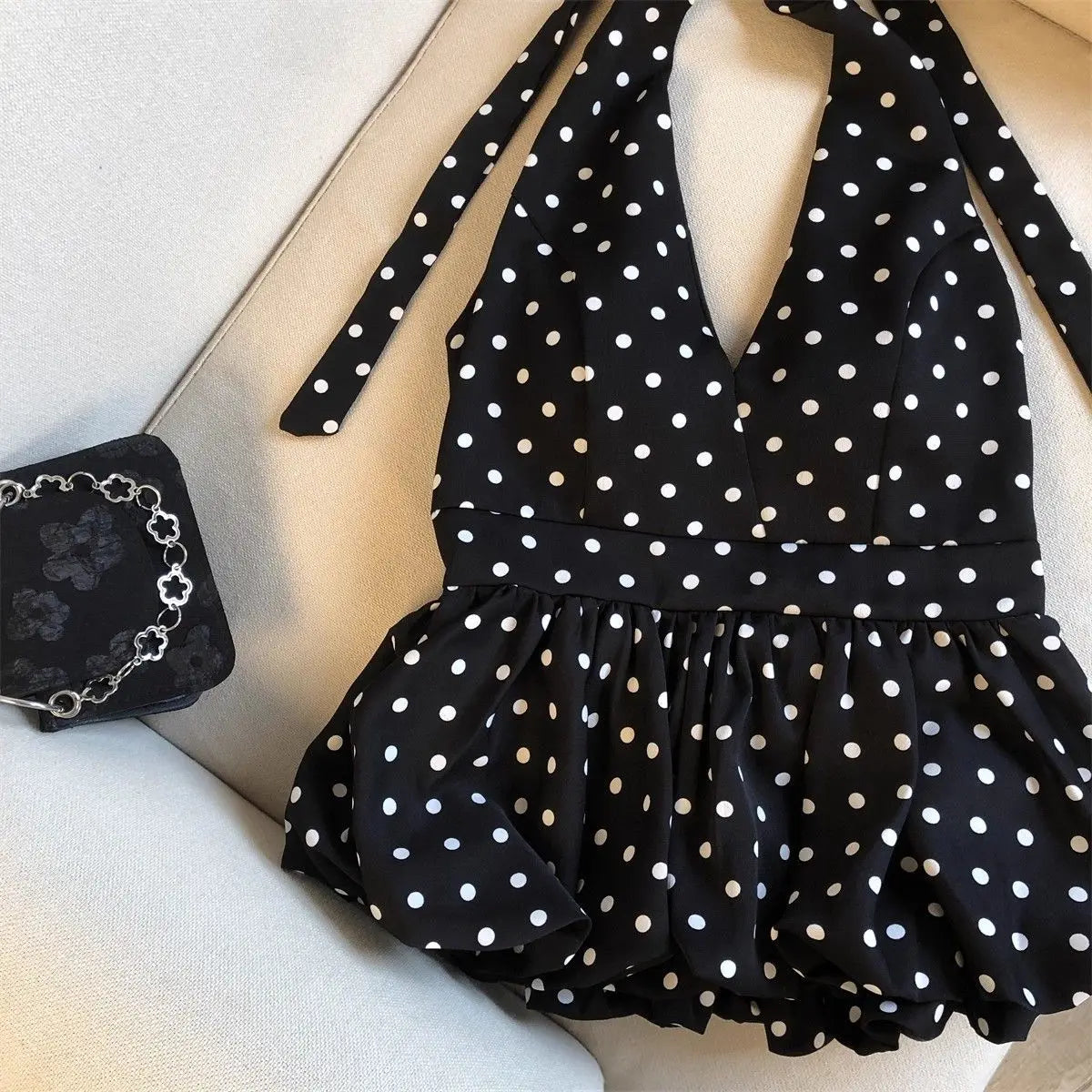 Backless Sexy Halter Beach Babydoll Crop Tops Women Polka Dots V Neck Sleeveless T Shirt Ruffles Basic Tees Not-Padded Pad