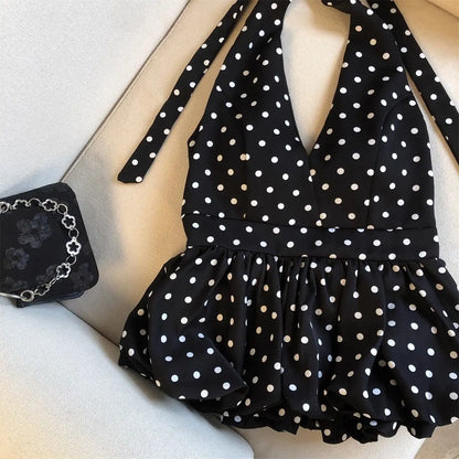 Backless Sexy Halter Beach Babydoll Crop Tops Women Polka Dots V Neck Sleeveless T Shirt Ruffles Basic Tees Not-Padded Pad