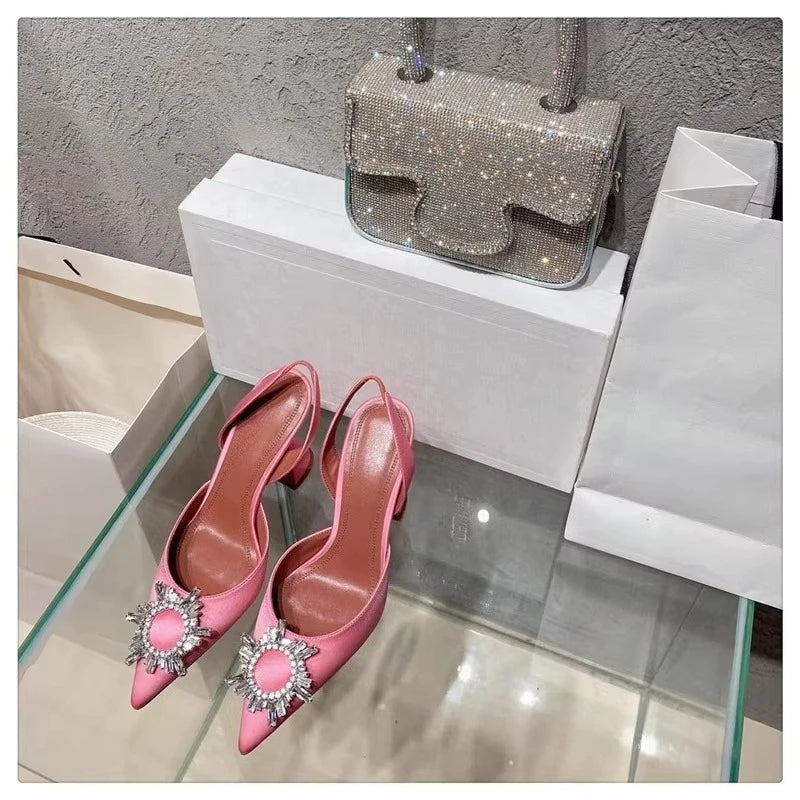 2025 European and American Women's New Silk Sunflower Crystal Diamond Buckle High Heels Horseshoe Heel Women's Sandals