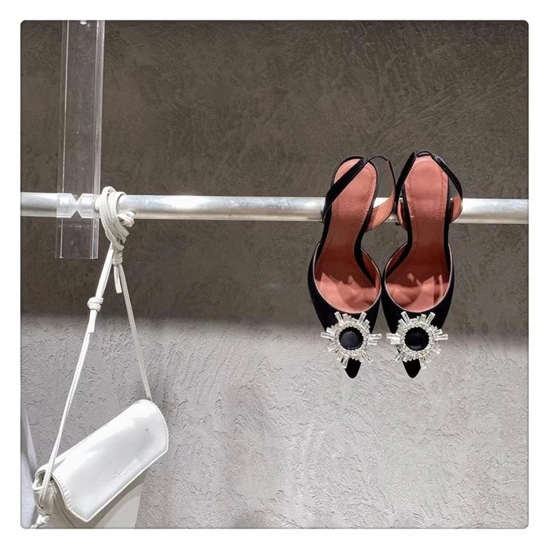 2025 European and American Women's New Silk Sunflower Crystal Diamond Buckle High Heels Horseshoe Heel Women's Sandals