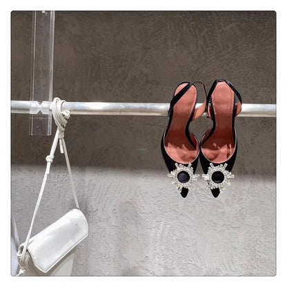 2025 European and American Women's New Silk Sunflower Crystal Diamond Buckle High Heels Horseshoe Heel Women's Sandals