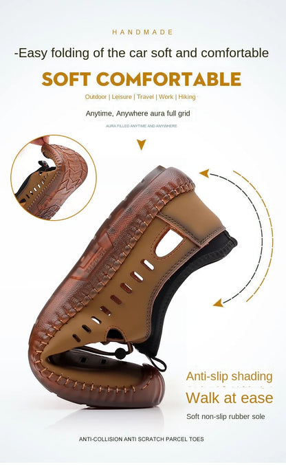 Men's Soft Leather 2024 Summer Men Leather Sandals Breathable Non-slip Cow Tendon Sole Casual Leather Shoes Outdoor Beach Shoes