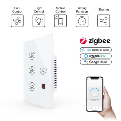 tuya Zigbee Smart fan switch Network connection APP remote control Alexa and Google Assistant AC110V 220V voice control