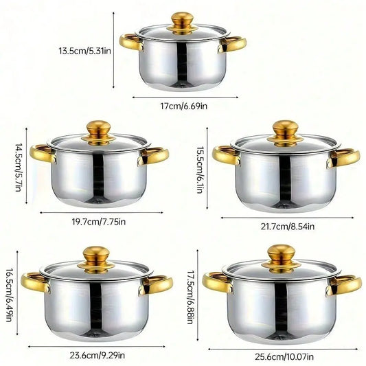 10Piece Stainless Steel Cookware Set 5 Pots With Lids, Multiple Sizes, Deep Stock Pot For Soup, Pasta, Noodles Seafood, Durable
