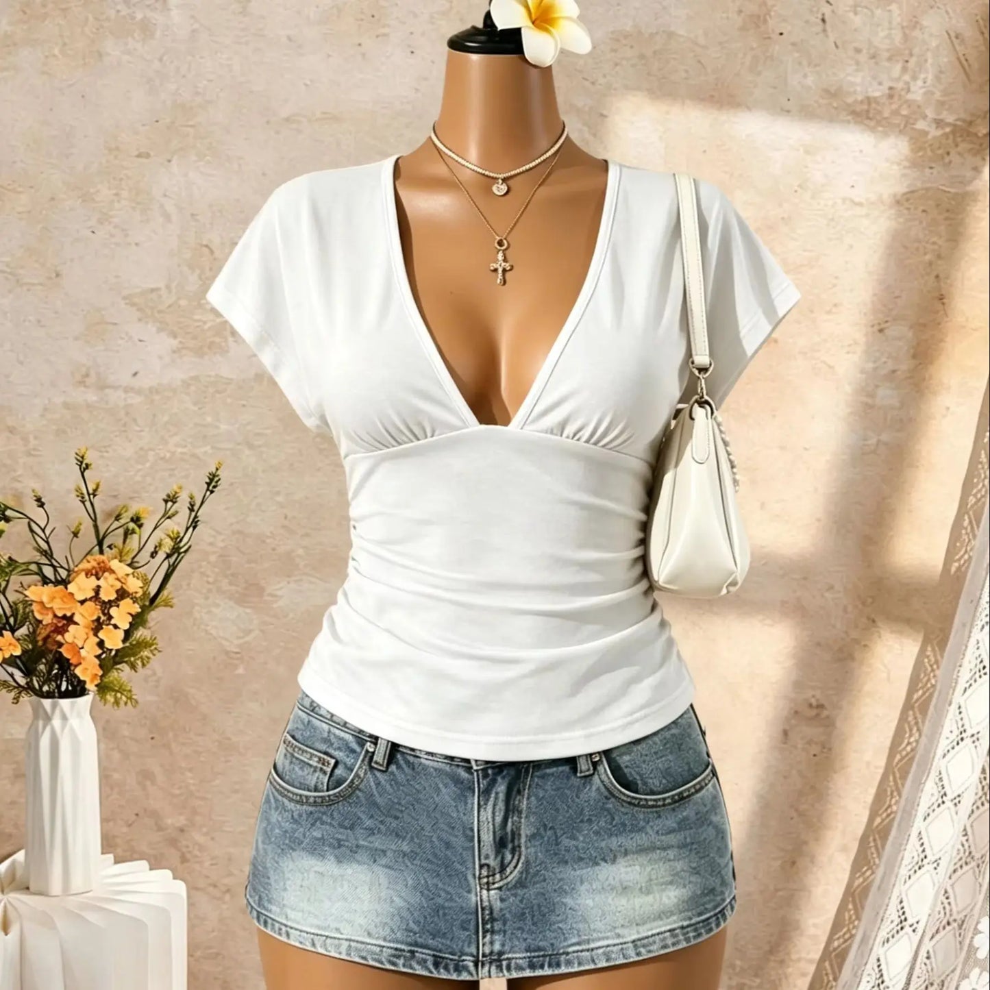 Women Short Sleeve Deep V Neck Side Ruched Wrap Crop T Shirt 2026 Summer Y2K Casual Streetwear Basic Solid Tees