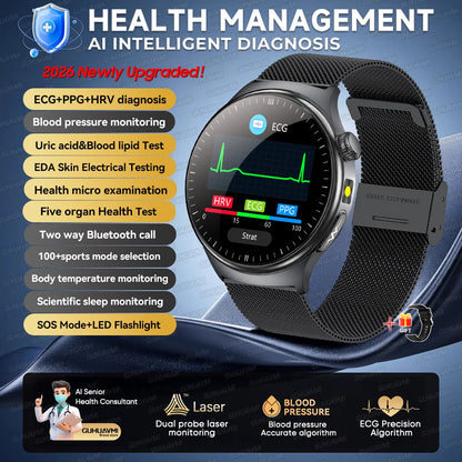 2026New High-end Health Smart Watch For Men Women Blood Lipids Uric Acid Blood Pressure Accurate Data ECG+PPG BT Call Smartwatch