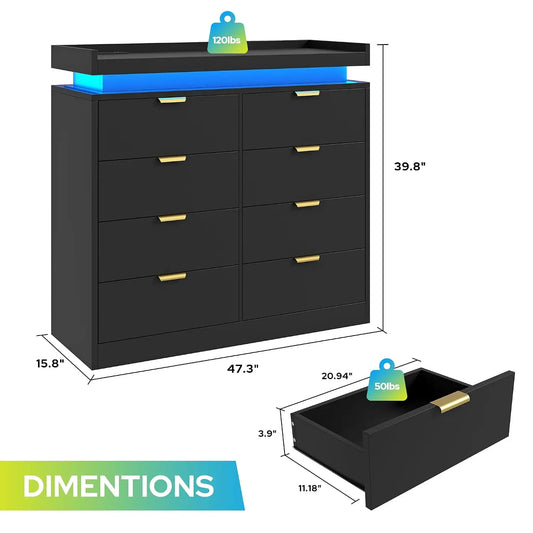 Modern Large Wooden 8 Drawer Bedroom Dresser, Storage Chest Integrated with LED Lights and Convenient Power Outlet, Customized