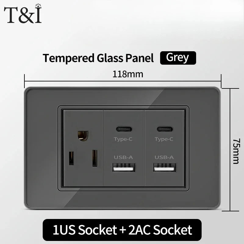 118*75mm TEMPERED GLASS SWITCH PANEL Wall Socket with USB Type - C, Grey US Switch, Thai Plug for Home & Office Use