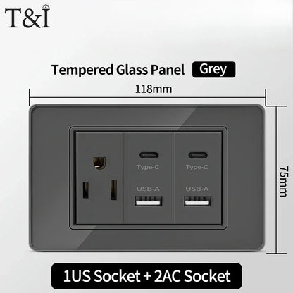 118*75mm TEMPERED GLASS SWITCH PANEL Wall Socket with USB Type - C, Grey US Switch, Thai Plug for Home & Office Use