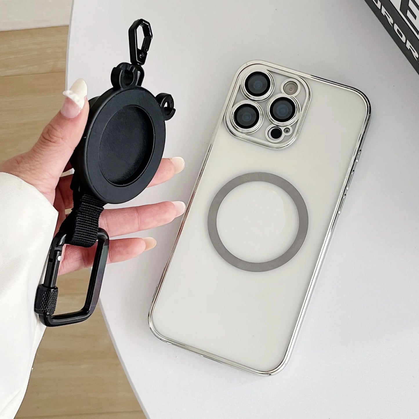 For Magsafe Magnetic Universal Mobile Phone Holder Backpack Clip Carabiner Retractable Steel Wire Rope Outdoor Anti-lost Stand