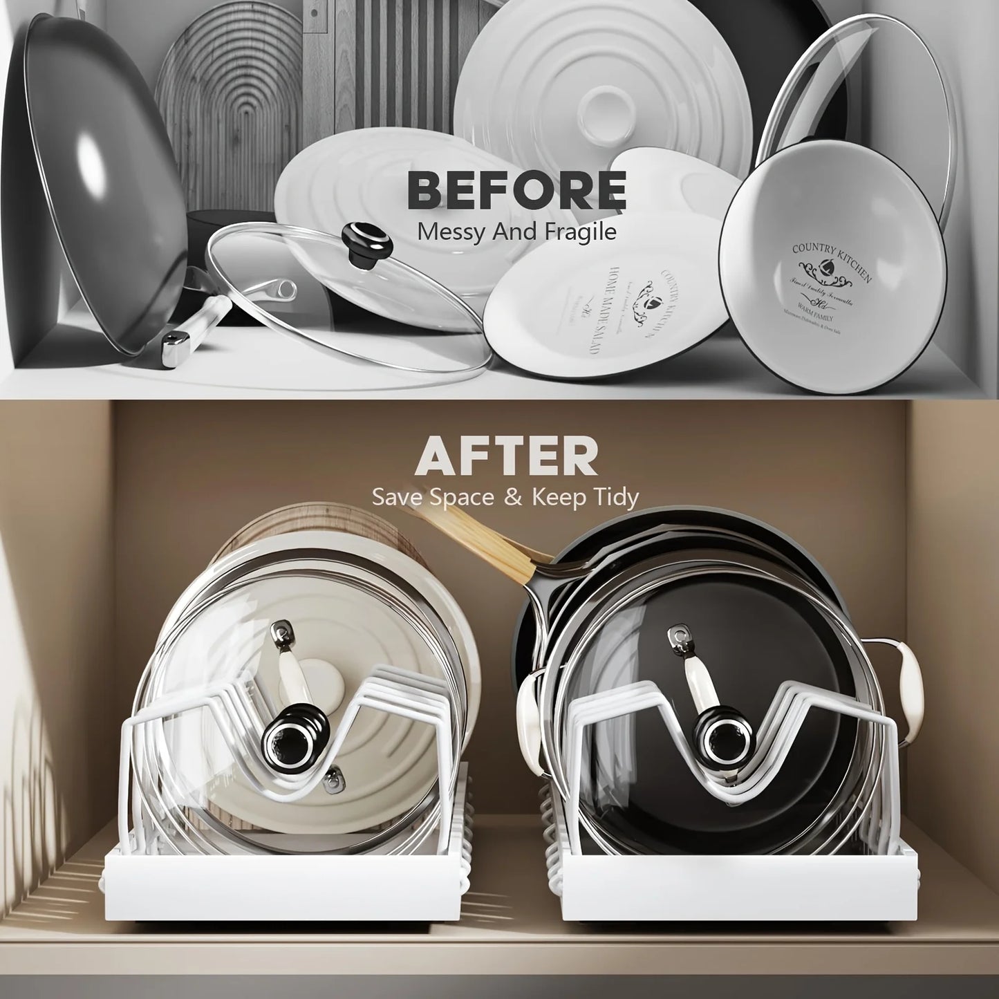 Pull-out Cookware Frying Pan Storage Rack with 8 Adjustable Dividers Pot Lid Holder Under Cabinet Kitchen Organizer
