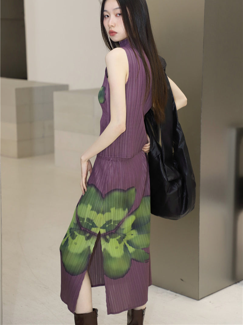 CHEERART Pleated Floral Summer Outfits For Women 2023 Purple Long Skirt And Sleeveless Top 2 Piece Set Fashion Designer Clothes