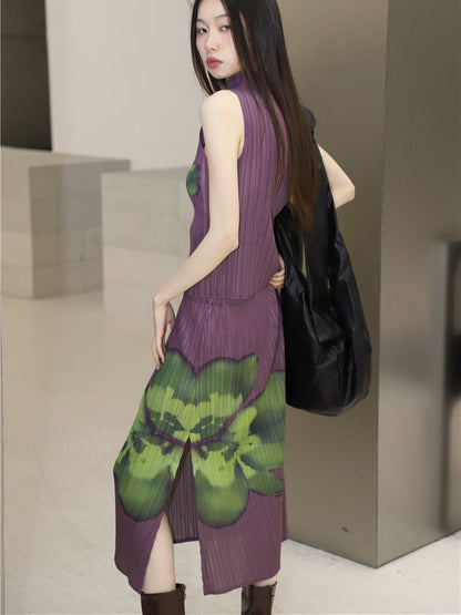 CHEERART Pleated Floral Summer Outfits For Women 2023 Purple Long Skirt And Sleeveless Top 2 Piece Set Fashion Designer Clothes